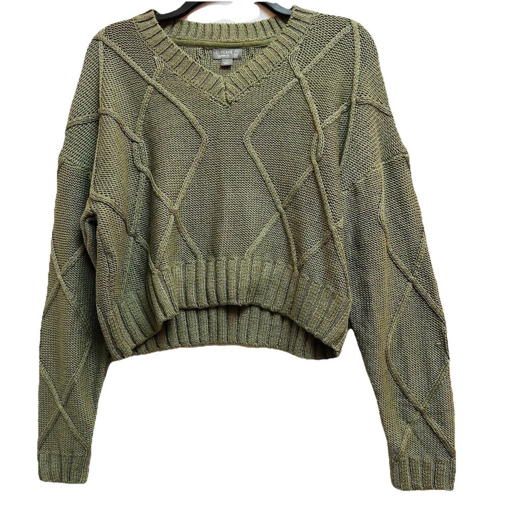 Chunky Knit Cropped Sweater Medium Green Pullover Minimalist Cozy Knit